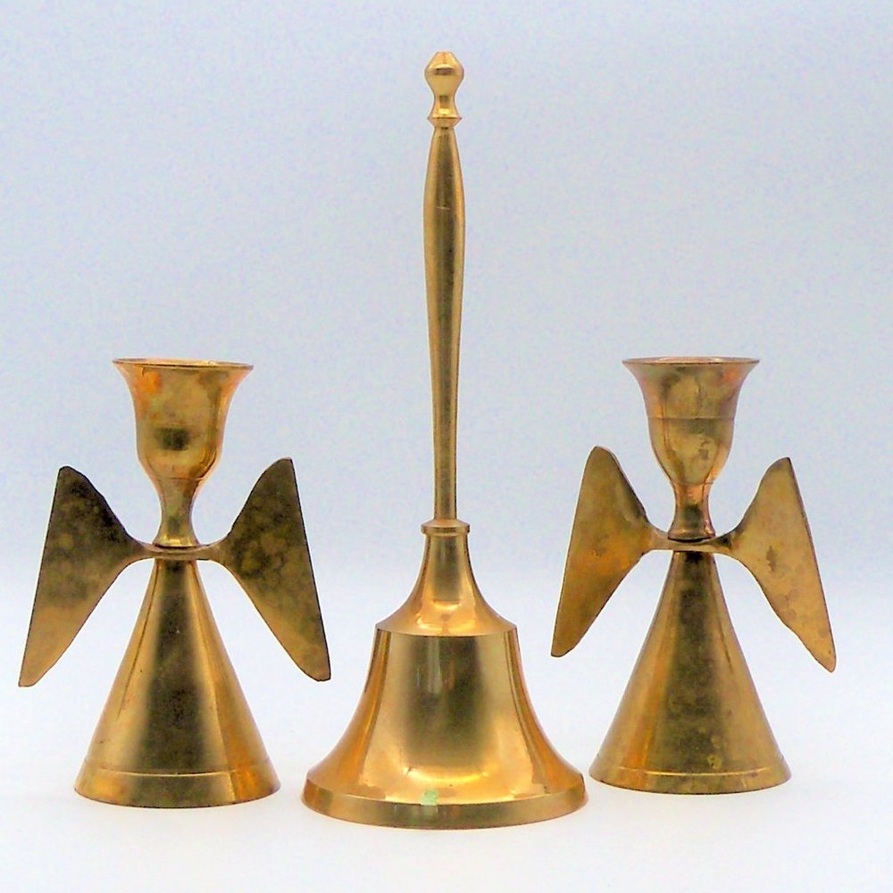 Brass Bell and Angel Candlesticks